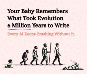 A child crawling on the left watches the march of human evolution from ape to modern human, while a crashed robot lies on the right, illustrating how AI lacks the inherited memory that humans carry from birth.