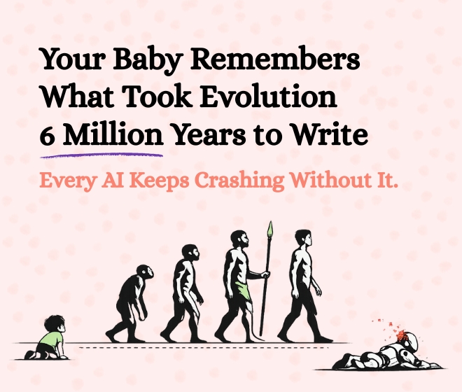 A child crawling on the left watches the march of human evolution from ape to modern human, while a crashed robot lies on the right, illustrating how AI lacks the inherited memory that humans carry from birth.