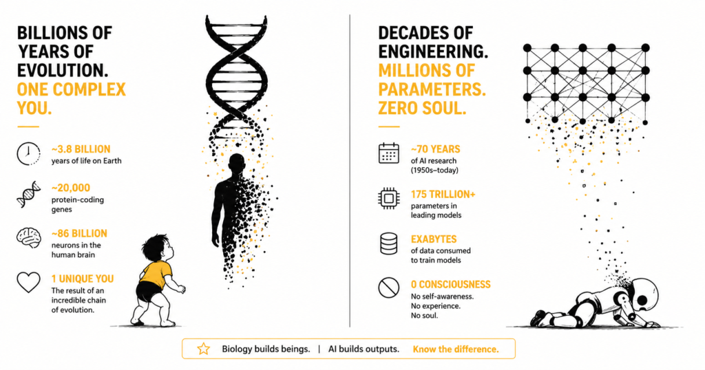 Side-by-side infographic comparing human evolution and AI. Left panel shows a DNA helix dissolving into a human silhouette with stats: 3.8 billion years of evolution, 20,000 genes, 86 billion neurons. Right panel shows a neural network dissolving into a crashed robot with stats: 70 years of AI research, 175 trillion parameters, zero consciousness.