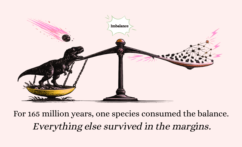 Editorial illustration of a tilted balance scale with a large dinosaur silhouette weighing down one side while small mammal-like figures and a growing neural network occupy the other. A meteor streaks overhead, and the word “Imbalance” appears above the scale. Below, the text reads: “For 165 million years, one species consumed the balance. Everything else survived in the margins.”
