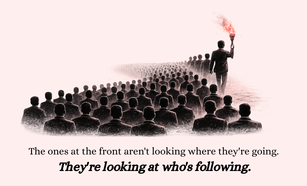 Editorial illustration of a large crowd following a lone figure carrying a glowing torch at the front. The leader is turned backward looking at the followers instead of the direction ahead. Caption reads: “The ones at the front aren't looking where they're going. They're looking at who's following.”