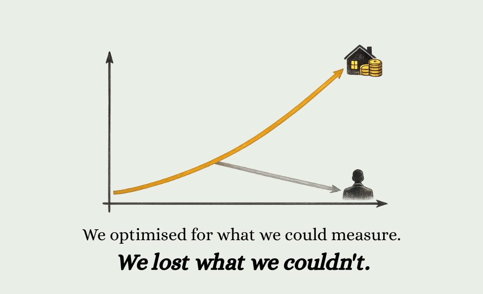Minimal editorial graph showing two diverging lines beginning from the same point. An amber upward curve ends beside a house and coin icon, while a grey downward line ends beside a lone human figure icon. Caption reads: “We optimised for what we could measure. We lost what we couldn't.”