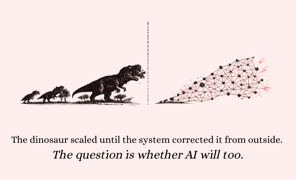 Editorial illustration split into two mirrored panels. On the left, dinosaur silhouettes progressively grow larger while consuming more of their environment, symbolizing unchecked biological dominance. On the right, a neural network diagram expands in parallel, becoming more complex and energy-intensive as lightning symbols emerge around it. A dashed vertical line separates the two systems. Below, the text reads: “The dinosaur scaled until the system corrected it from outside. The question is whether AI will too.”