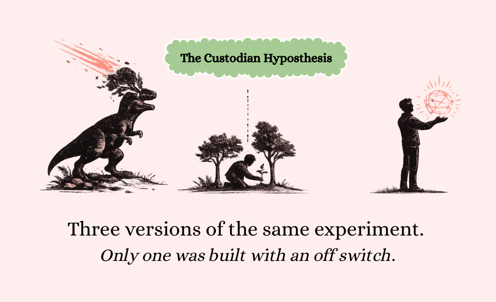 Editorial illustration titled “The Custodian Hypothesis” showing three symbolic stages across a pale background. On the left, a dinosaur silhouette stands beneath a falling meteor. In the center, a human kneels between two trees while planting a sapling. On the right, a standing human holds a glowing abstract network sphere above their hand. Below the illustration, the text reads: “Three versions of the same experiment. Only one was built with an off switch.”
