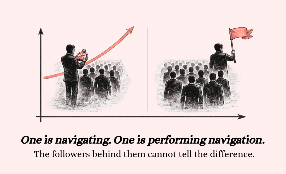 Split editorial illustration comparing two leadership styles. Left side shows a leader using a compass while guiding followers forward. Right side shows a leader waving a flag while facing the followers instead of the path ahead. Caption reads: “One is navigating. One is performing navigation. The followers behind them cannot tell the difference.”
