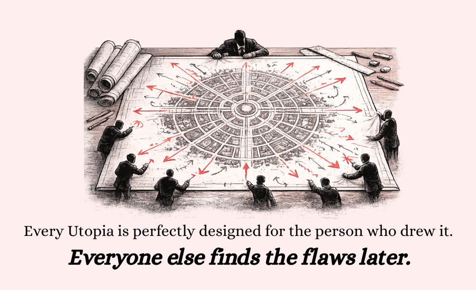 Editorial illustration of a symmetrical city blueprint spread across a large table while multiple figures around it draw arrows and annotations in different directions. One figure at the top holds the blueprint in place confidently. Caption reads: “Every Utopia is perfectly designed for the person who drew it. Everyone else finds the flaws later.”