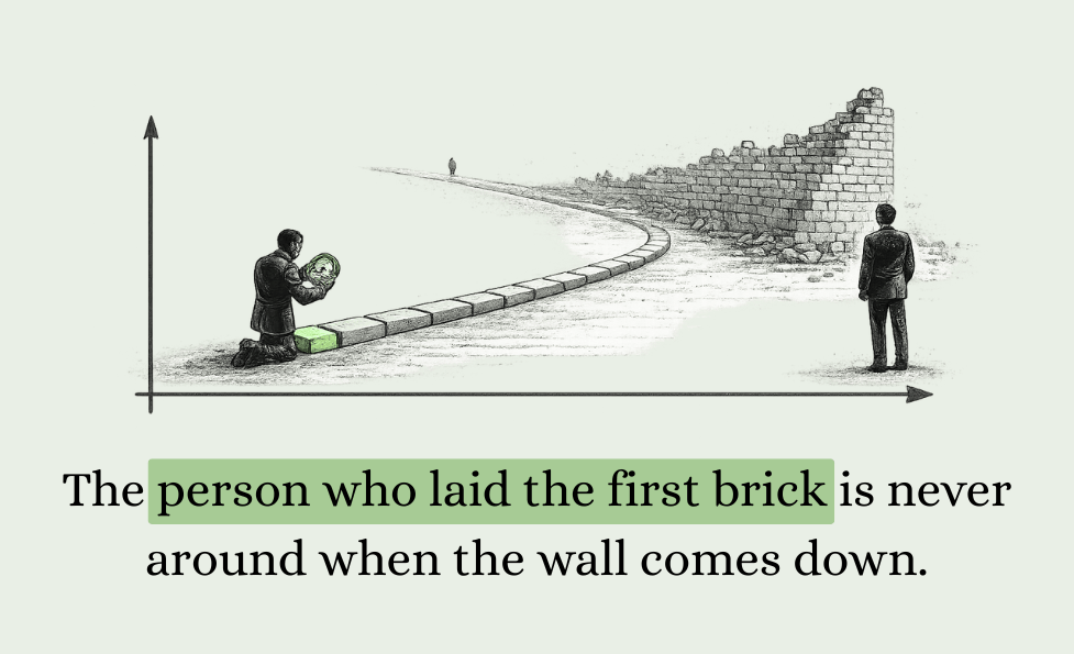 Editorial timeline illustration showing a figure on the left placing a glowing green brick at the beginning of a long wall. Far to the right, another figure stands before a large crumbling wall built from thousands of bricks, unaware of its origin. Caption reads: “The person who laid the first brick is never around when the wall comes down.”